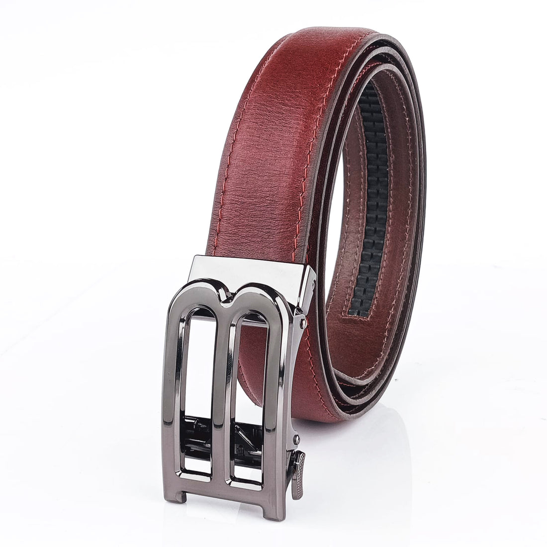 Hemener Men B  Letter Metal Auto Grip Buckle Cherry Brown Genuine Leather Belt