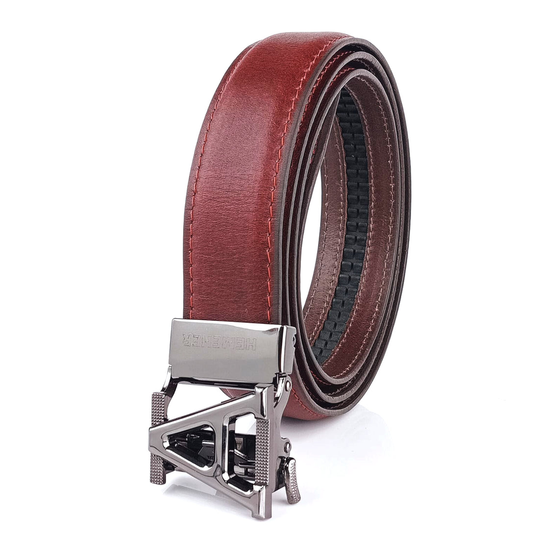 Hemener Men A  Letter Metal Auto Grip Buckle Cherry Brown Genuine Leather Belt