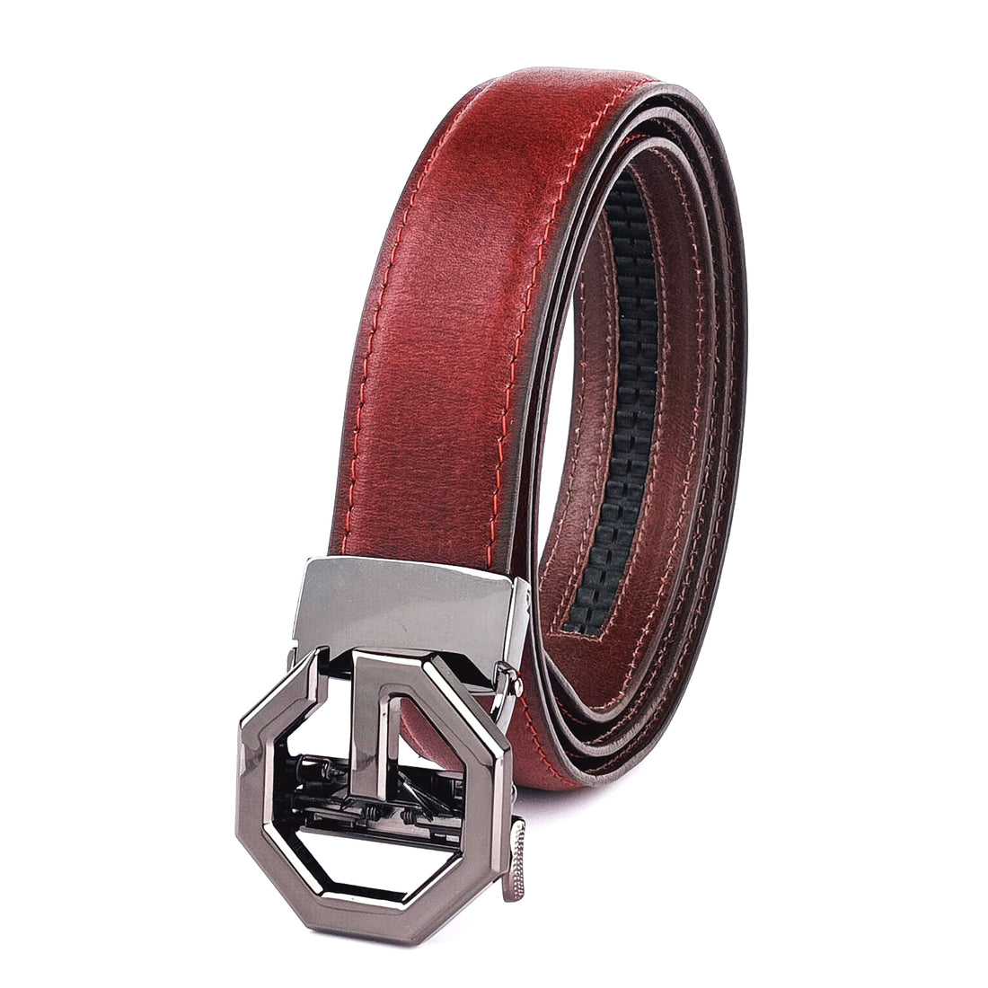 Hemener Men G  Letter Metal Auto Grip Buckle Cherry Brown Genuine Leather Belt