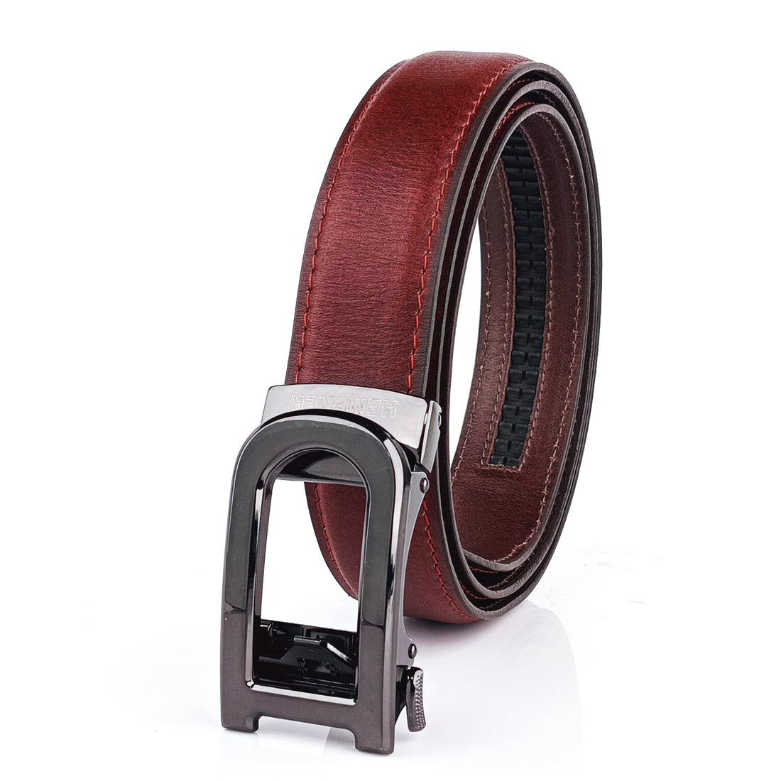 Hemener Men D  Letter Metal Auto Grip Buckle Cherry Brown Genuine Leather Belt