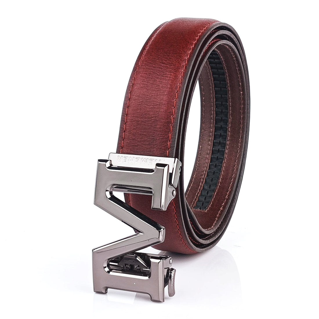 Hemener Men M  Letter Metal Auto Grip Buckle Cherry Brown Genuine Leather Belt