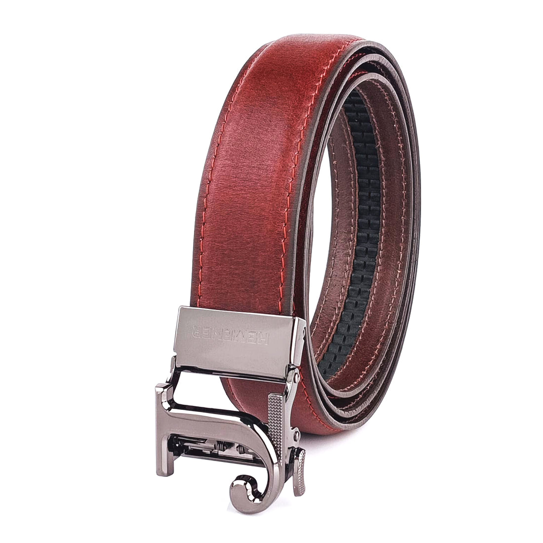 Hemener Men J  Letter Metal Auto Grip Buckle Cherry Brown Genuine Leather Belt