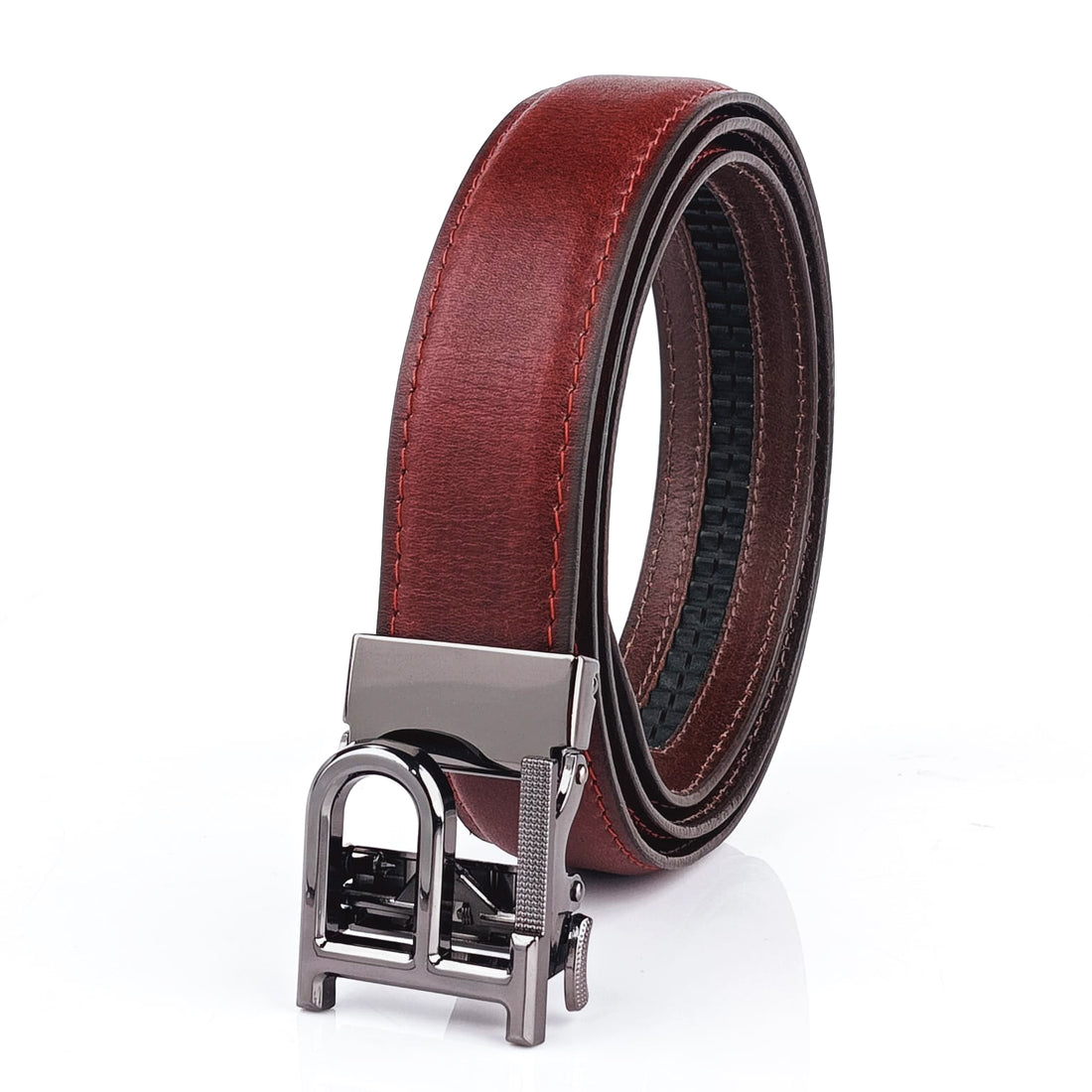 Hemener Men P  Letter Metal Auto Grip Buckle Cherry Brown Genuine Leather Belt