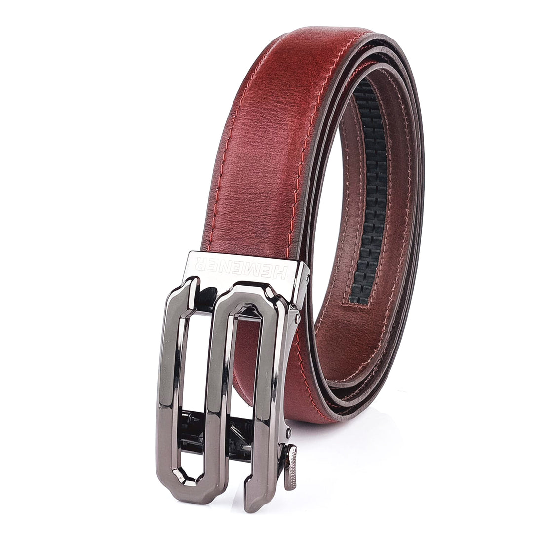 Hemener Men S  Letter Metal Auto Grip Buckle Cherry Brown Genuine Leather Belt