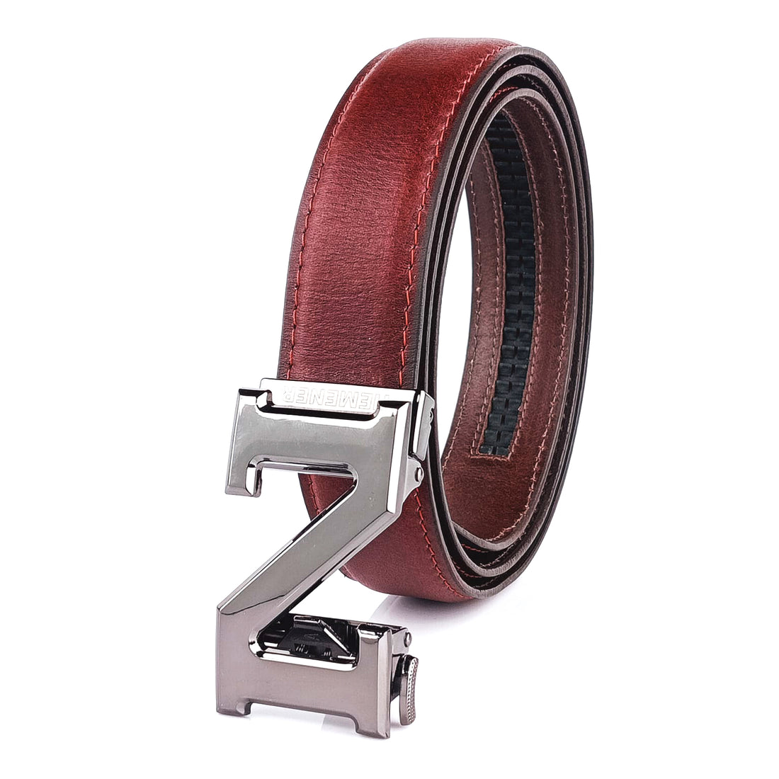 Hemener Men N  Letter Metal Auto Grip Buckle Cherry Brown Genuine Leather Belt