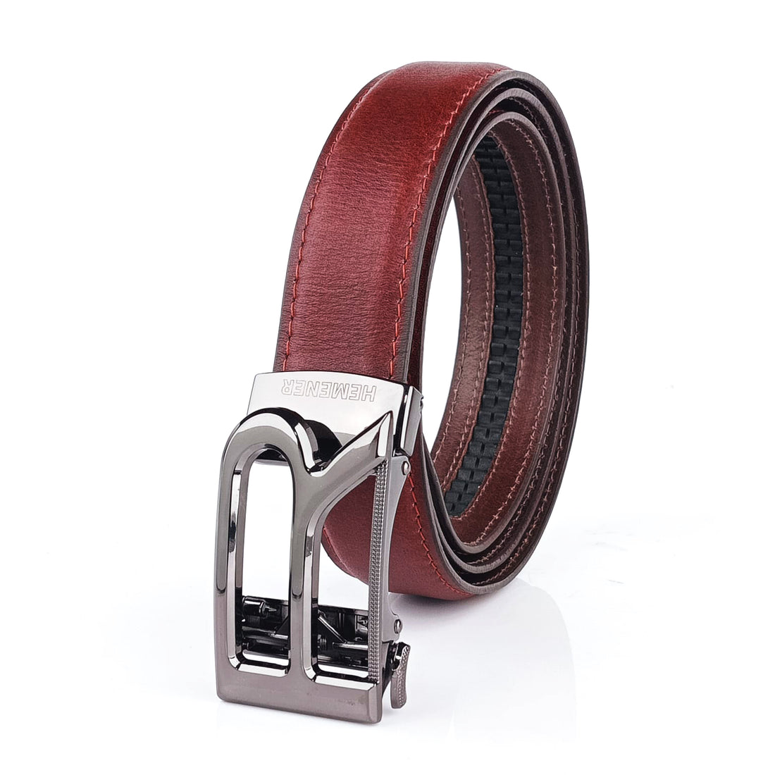 Hemener Men R  Letter Metal Auto Grip Buckle Cherry Brown Genuine Leather Belt