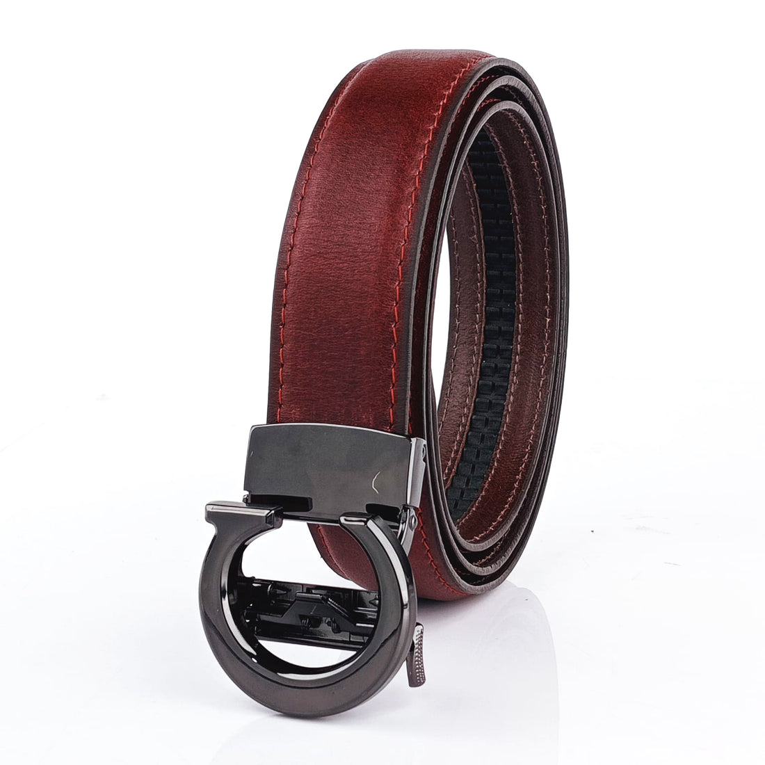 Hemener Men C  Letter Metal Auto Grip Buckle Cherry Brown Genuine Leather Belt