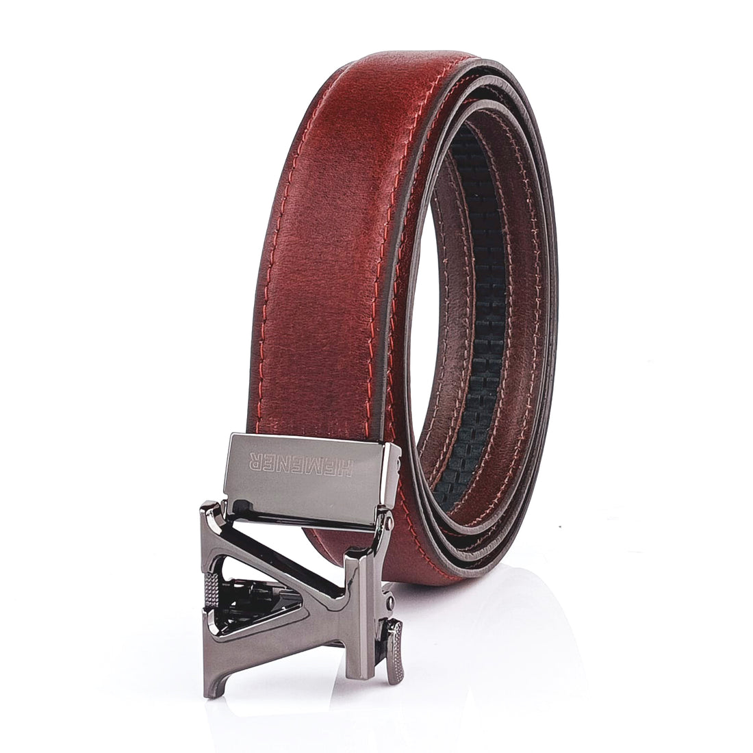 Hemener Men V  Letter Metal Auto Grip Buckle Cherry Brown Genuine Leather Belt