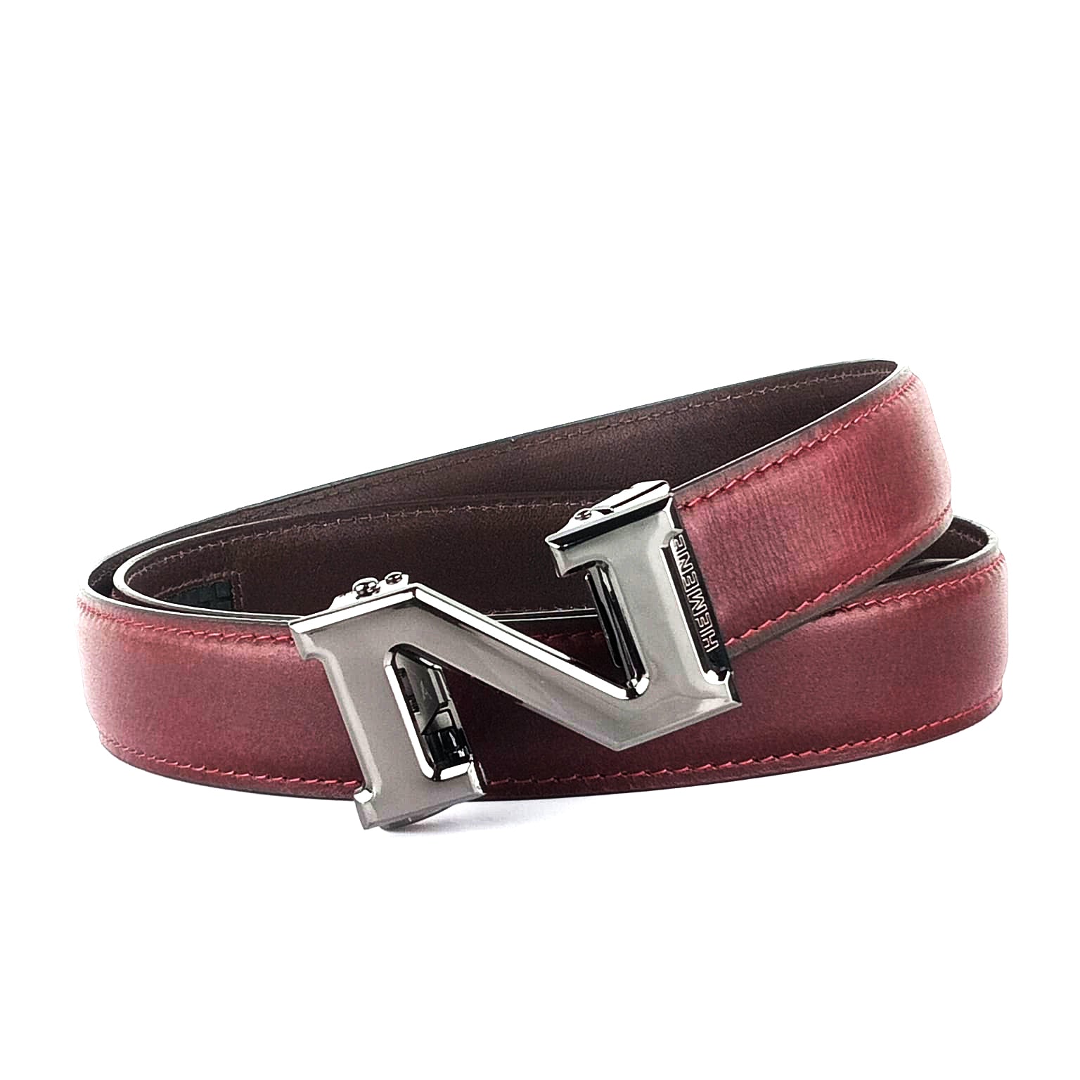 Hemener Men N  Letter Metal Auto Grip Buckle Cherry Brown Genuine Leather Belt