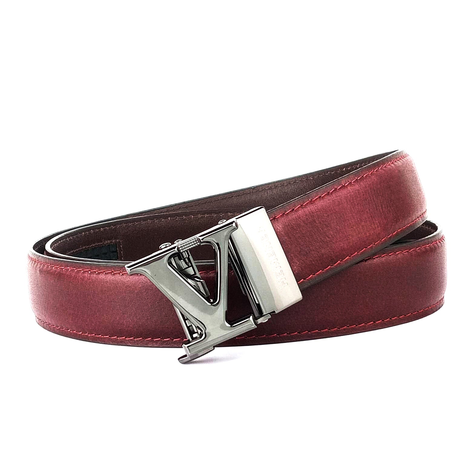 Hemener Men V  Letter Metal Auto Grip Buckle Cherry Brown Genuine Leather Belt