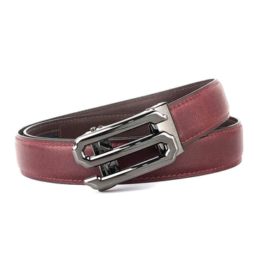 Hemener Men S  Letter Metal Auto Grip Buckle Cherry Brown Genuine Leather Belt