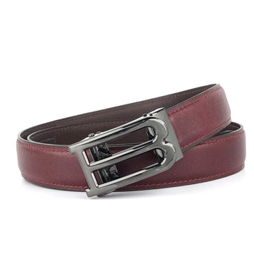 Hemener Men B  Letter Metal Auto Grip Buckle Cherry Brown Genuine Leather Belt