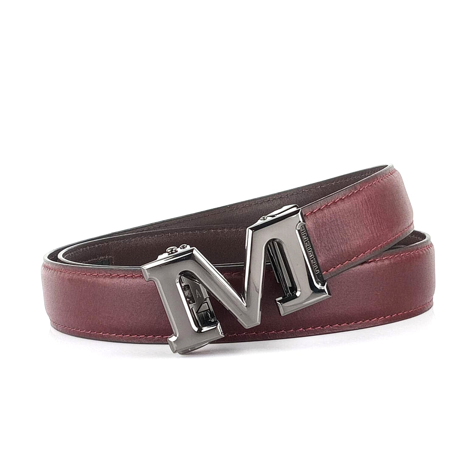 Hemener Men M  Letter Metal Auto Grip Buckle Cherry Brown Genuine Leather Belt