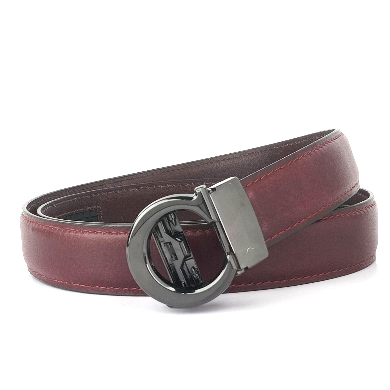 Hemener Men C  Letter Metal Auto Grip Buckle Cherry Brown Genuine Leather Belt