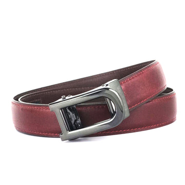 Hemener Men D  Letter Metal Auto Grip Buckle Cherry Brown Genuine Leather Belt