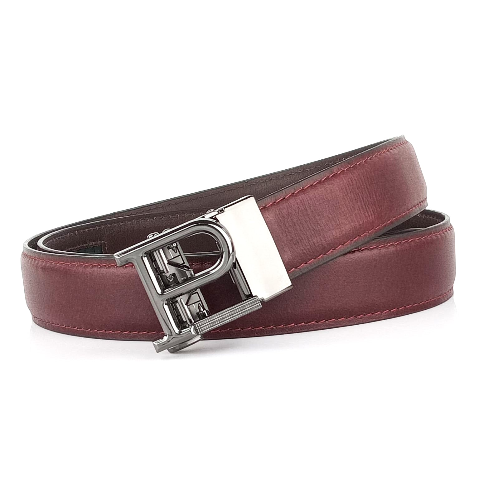 Hemener Men P  Letter Metal Auto Grip Buckle Cherry Brown Genuine Leather Belt