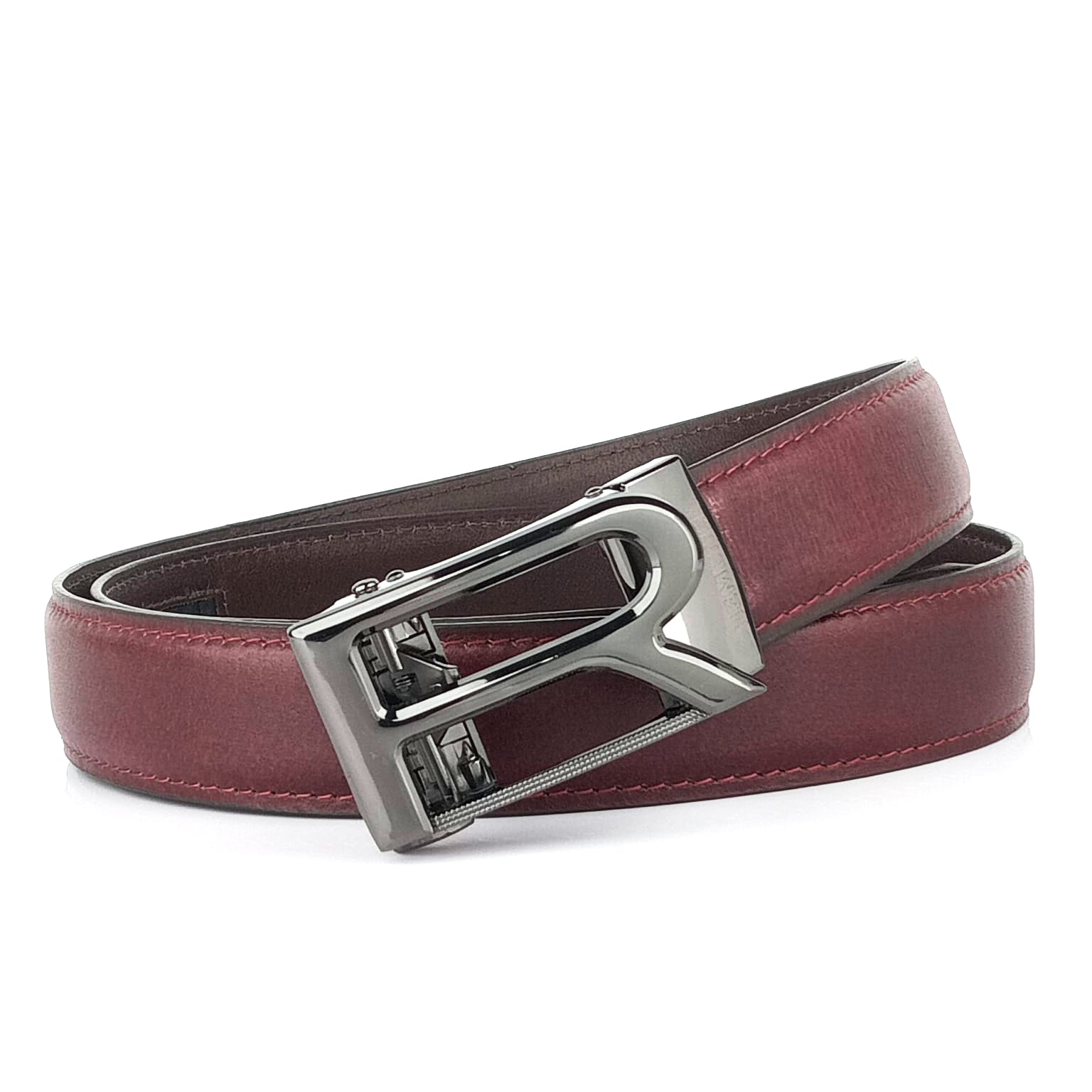 Hemener Men R  Letter Metal Auto Grip Buckle Cherry Brown Genuine Leather Belt