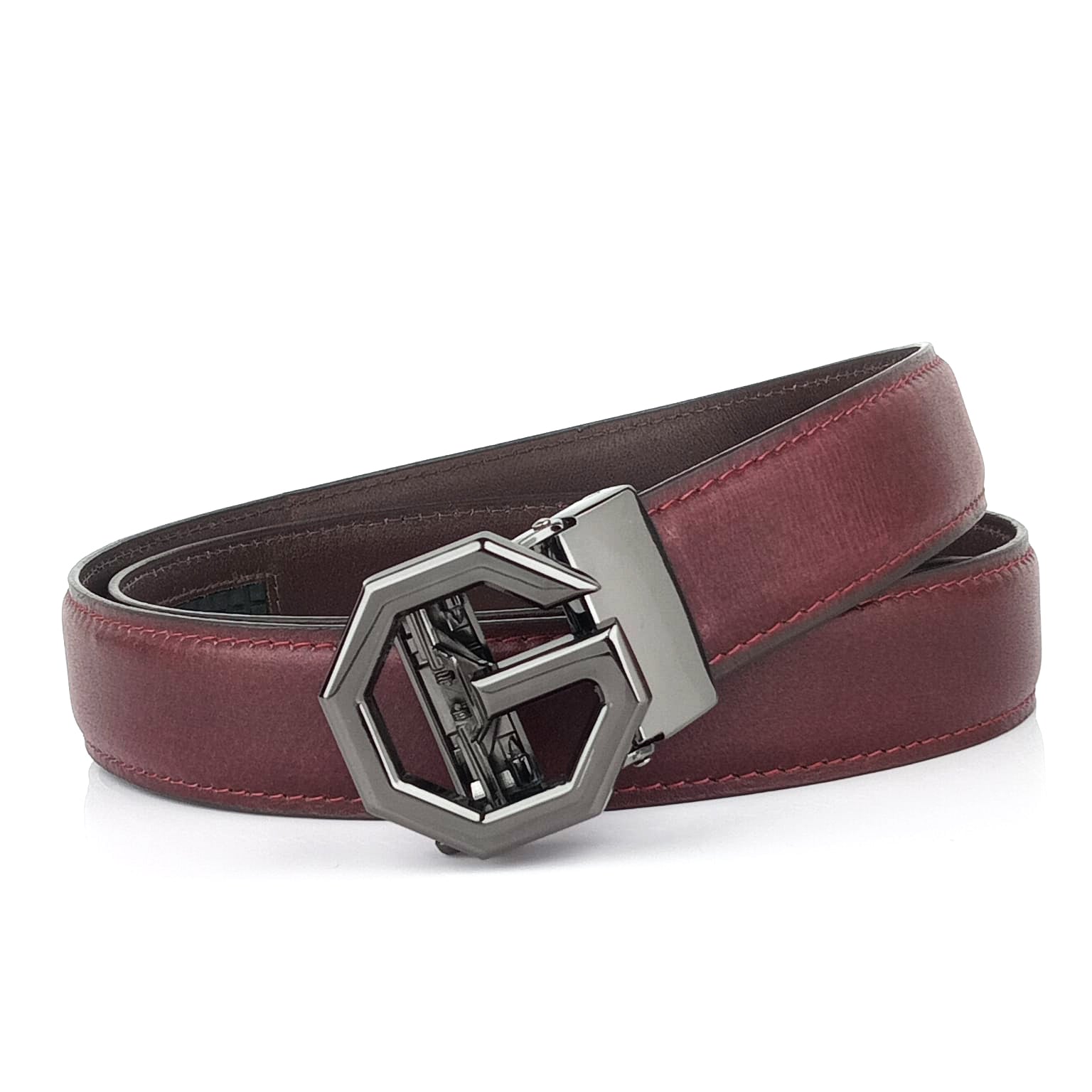 Hemener Men G  Letter Metal Auto Grip Buckle Cherry Brown Genuine Leather Belt