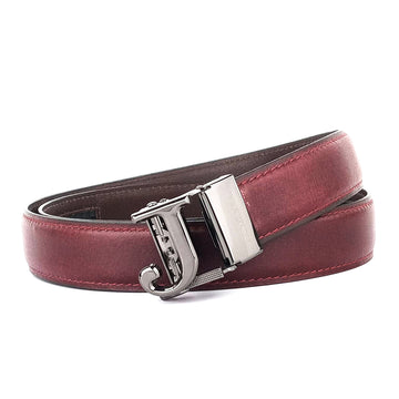 Hemener Men J  Letter Metal Auto Grip Buckle Cherry Brown Genuine Leather Belt