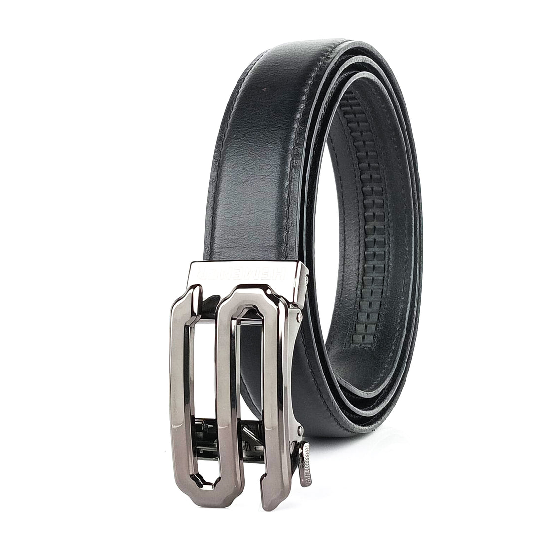 Hemener Men S  Letter Metal Auto Grip Buckle  Black Genuine Leather Belt