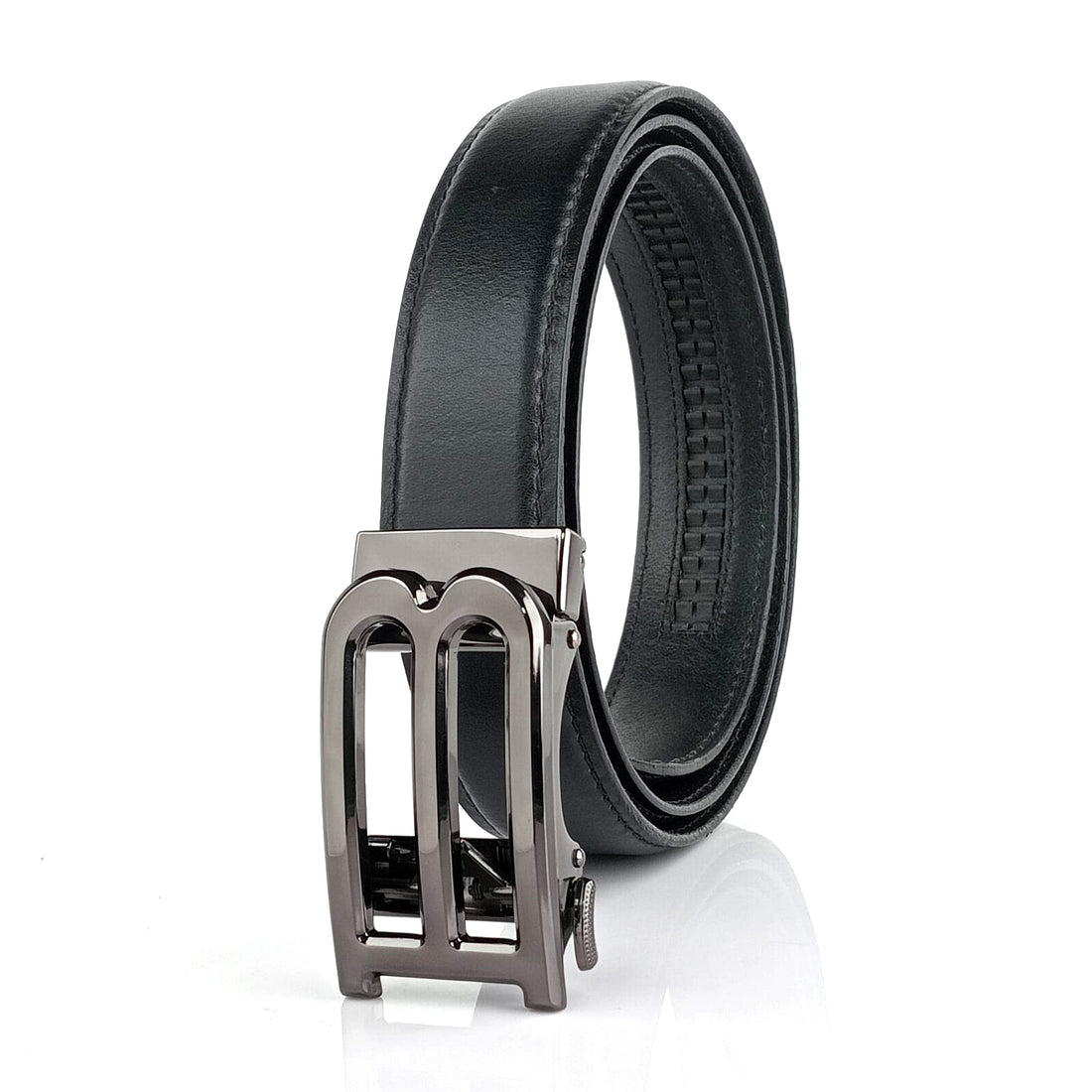 Hemener Men B  Letter Metal Auto Grip Buckle  Black Genuine Leather Belt