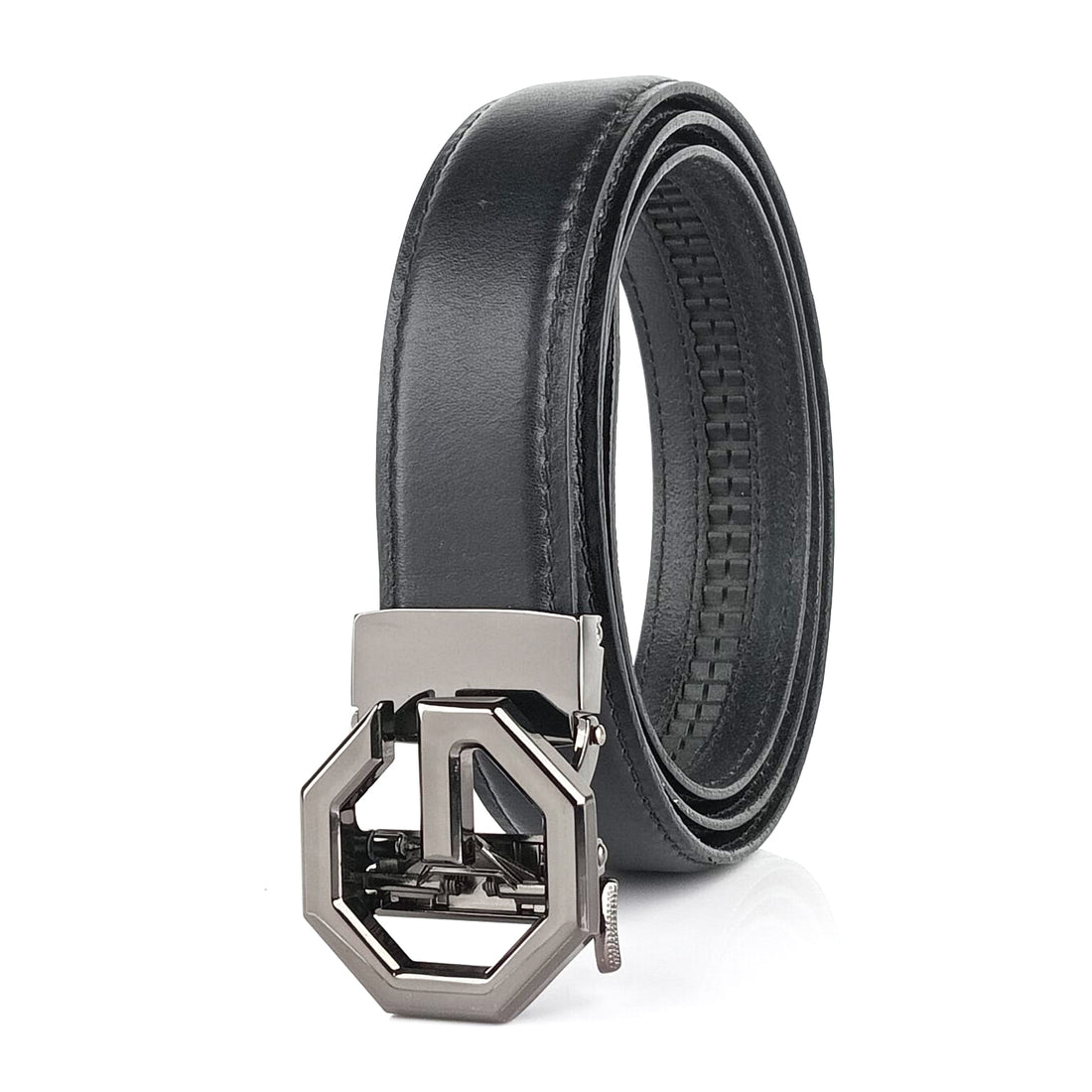 Hemener Men G  Letter Metal Auto Grip Buckle  Black Genuine Leather Belt