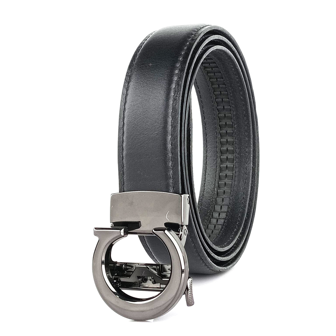 Hemener Men C  Letter Metal Auto Grip Buckle  Black Genuine Leather Belt