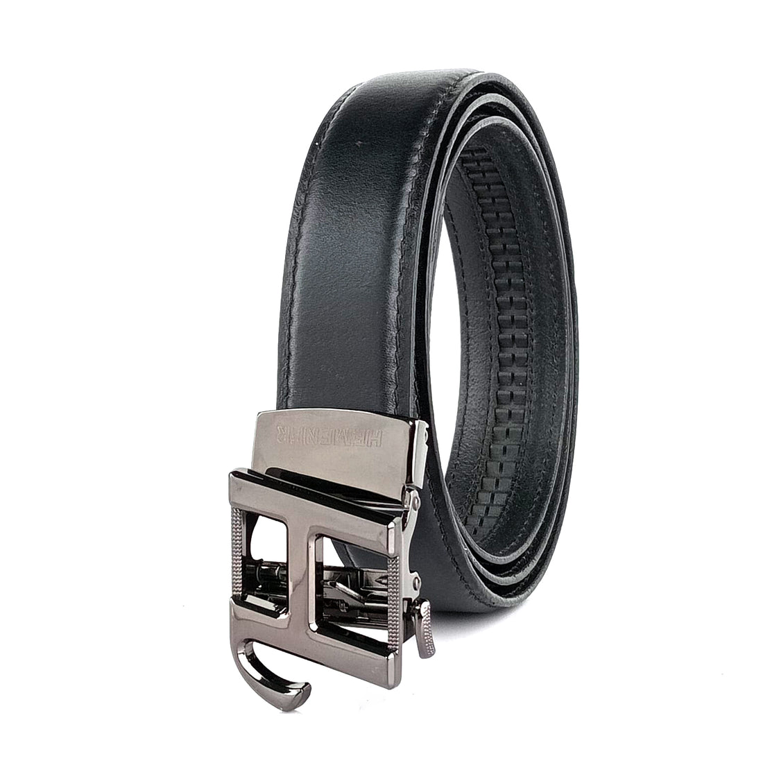 Hemener Men H  Letter Metal Auto Grip Buckle  Black Genuine Leather Belt