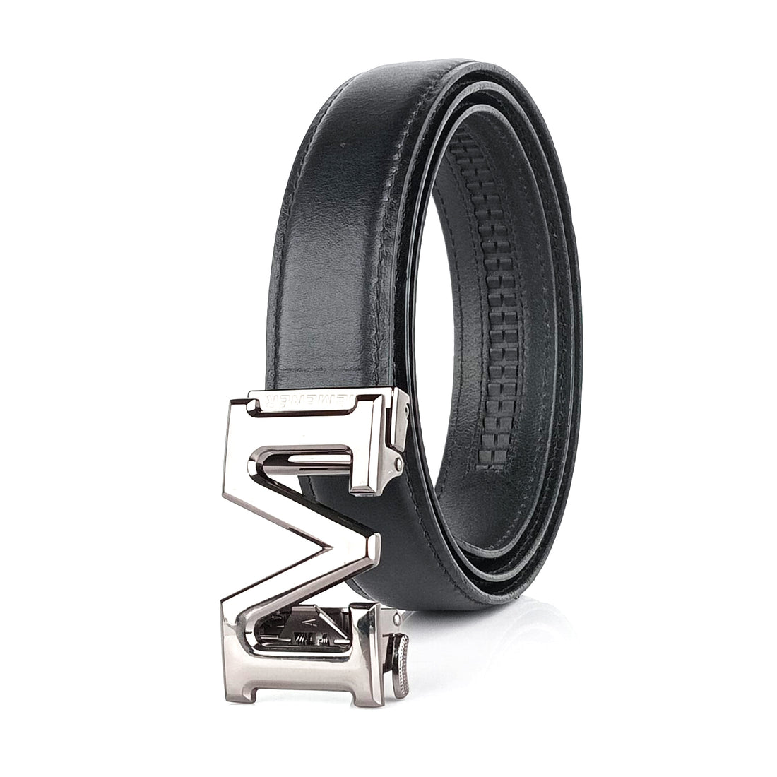 Hemener Men M  Letter Metal Auto Grip Buckle  Black Genuine Leather Belt