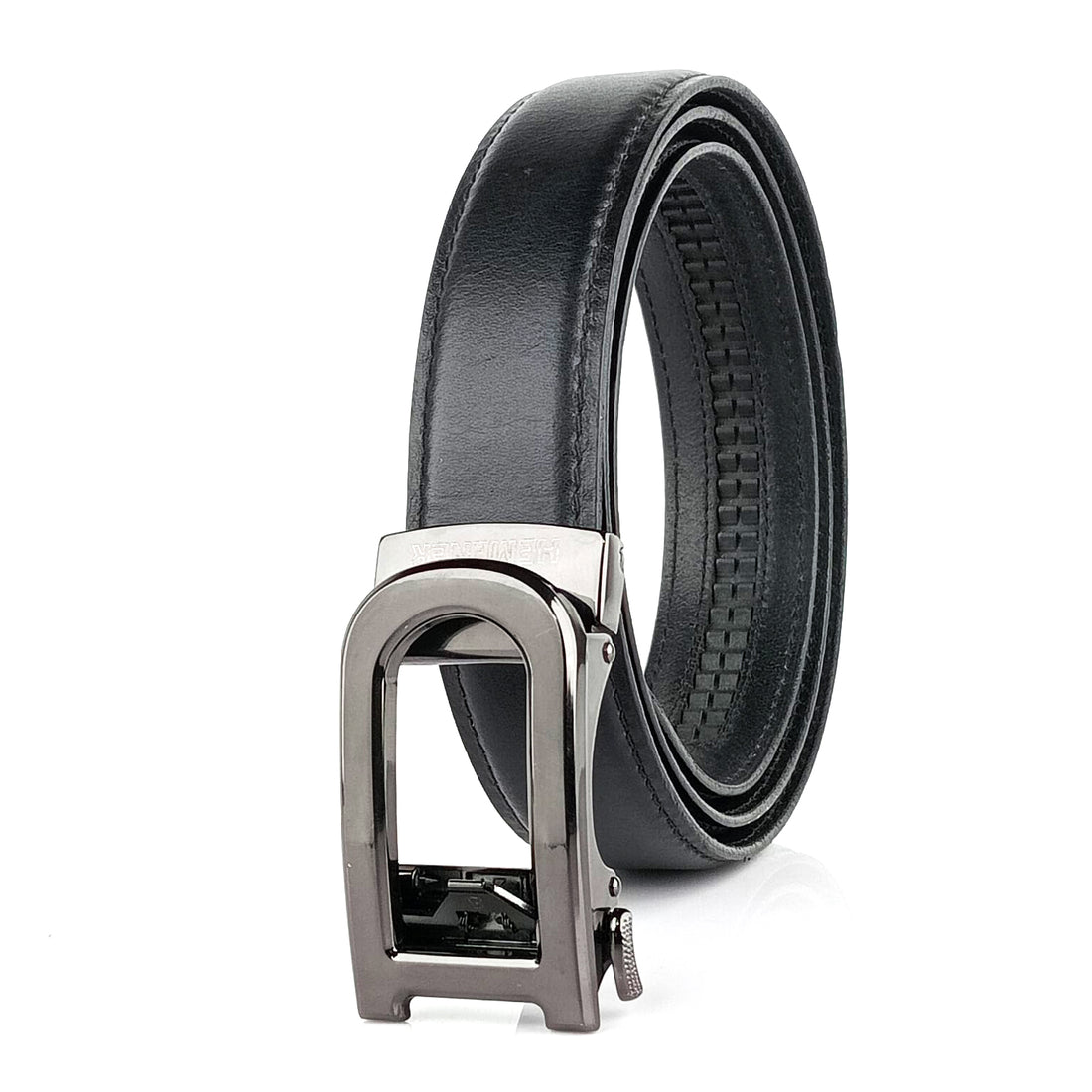 Hemener Men D  Letter Metal Auto Grip Buckle  Black Genuine Leather Belt