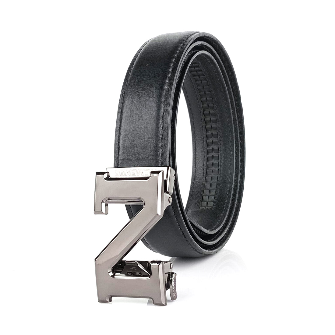 Hemener Men N  Letter Metal Auto Grip Buckle  Black Genuine Leather Belt