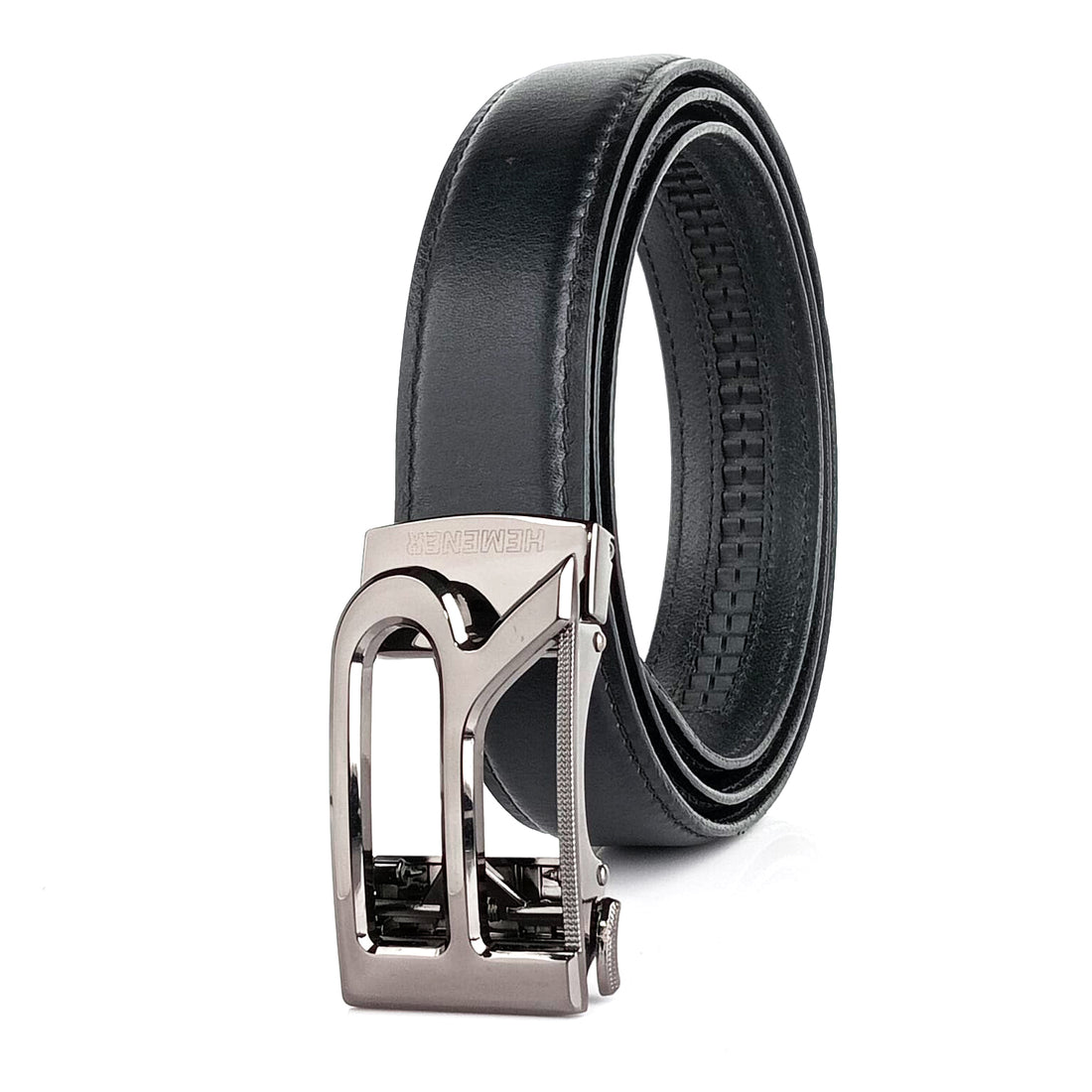 Hemener Men R  Letter Metal Auto Grip Buckle  Black Genuine Leather Belt