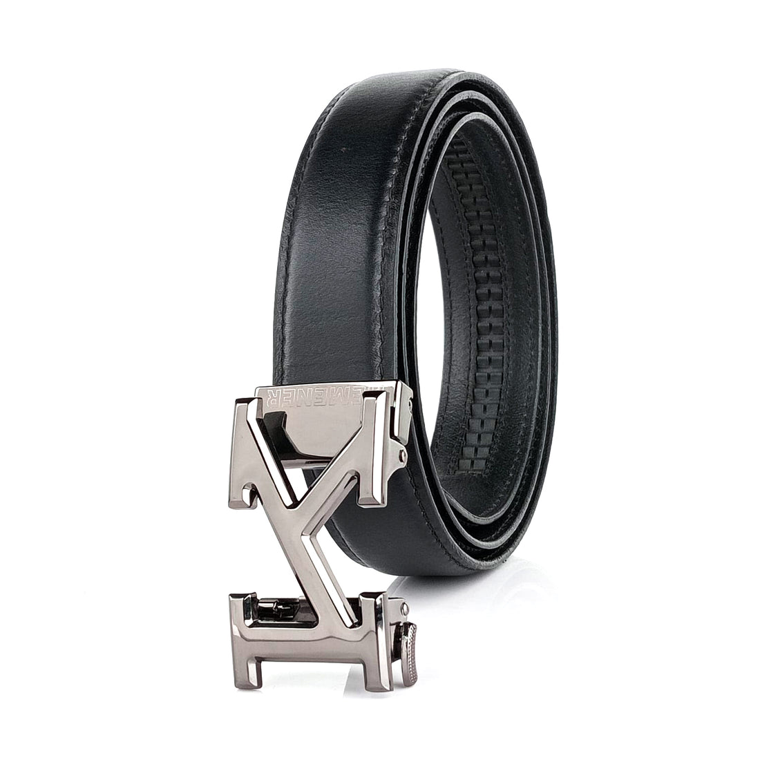 Hemener Men K  Letter Metal Auto Grip Buckle  Black Genuine Leather Belt