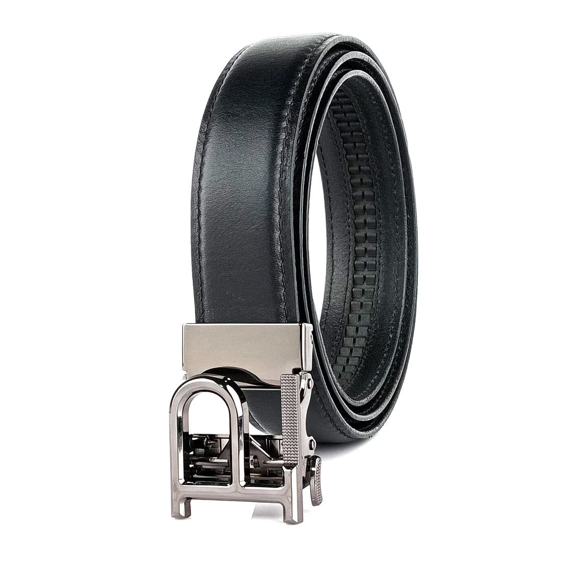 Hemener Men P  Letter Metal Auto Grip Buckle  Black Genuine Leather Belt