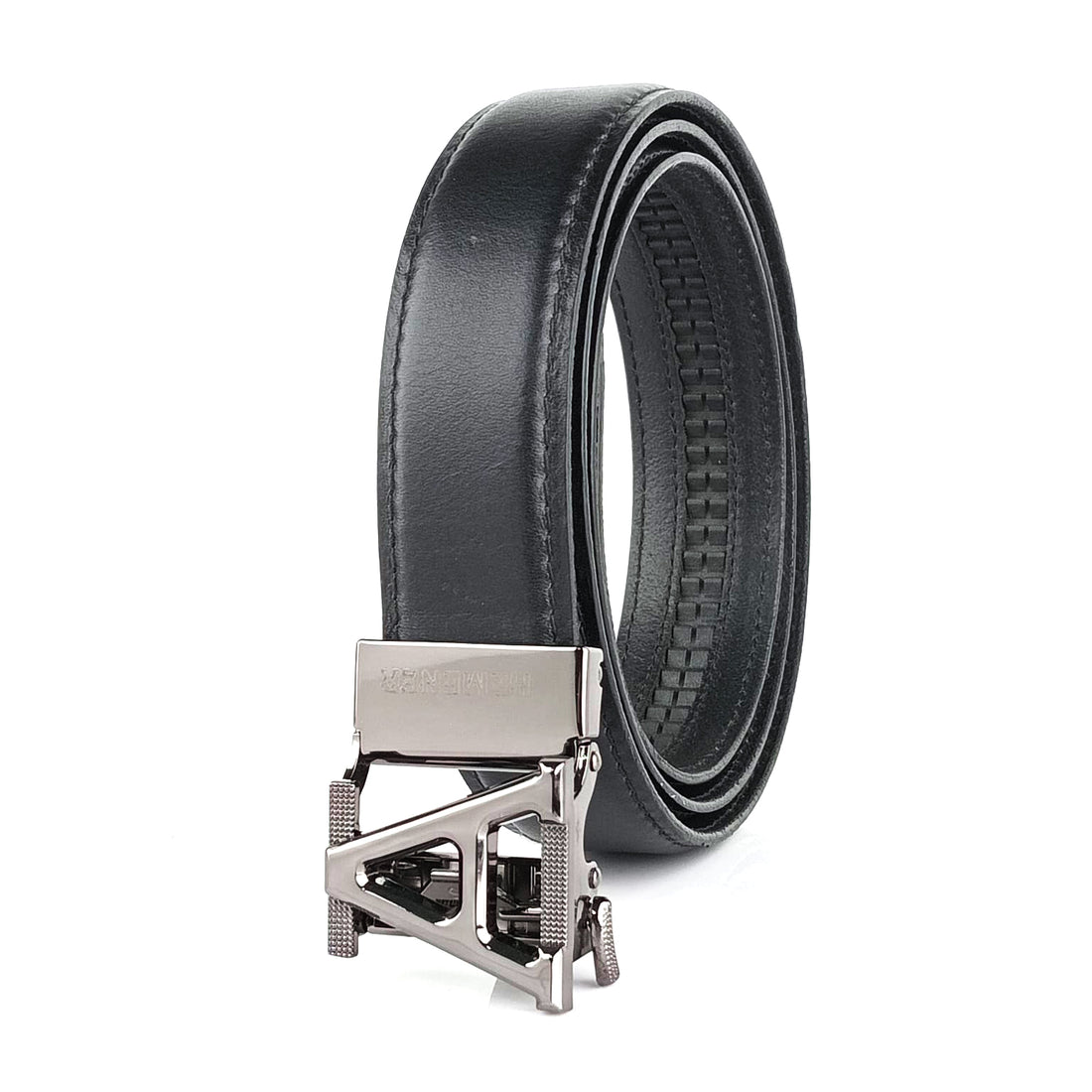 Hemener Men  A  Letter Metal Auto Grip Buckle  Black Genuine Leather Belt