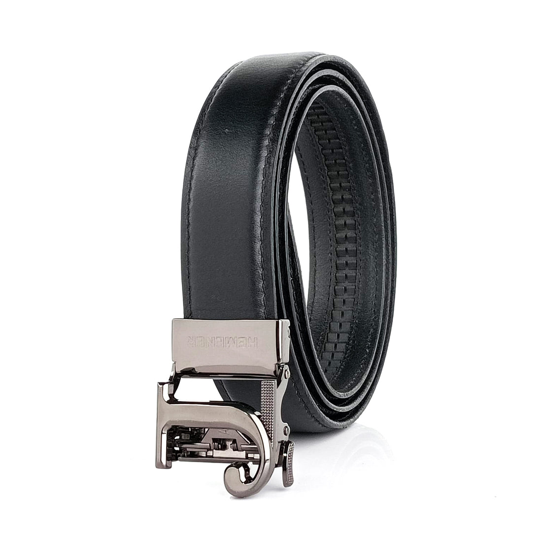 Hemener Men J  Letter Metal Auto Grip Buckle  Black Genuine Leather Belt