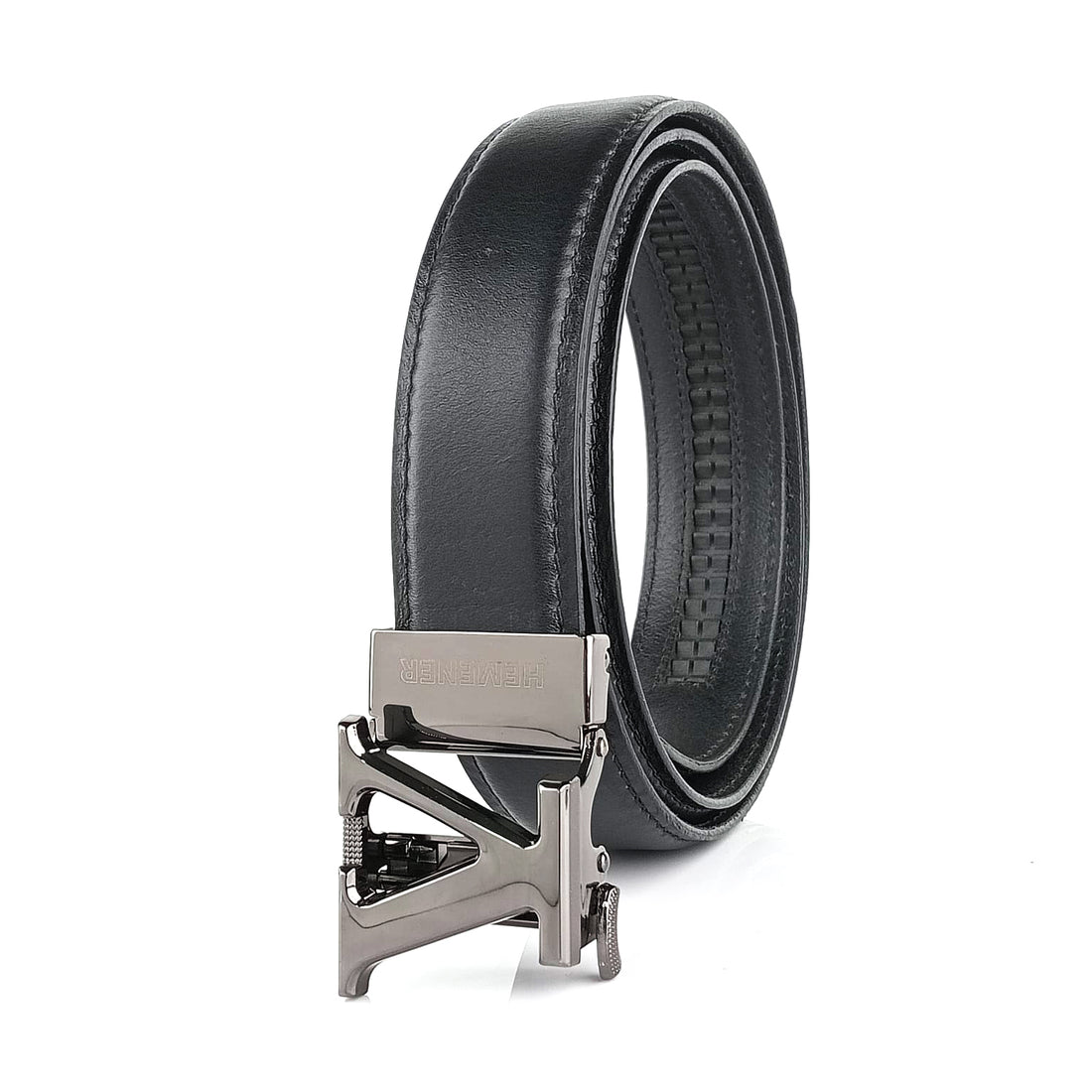 Hemener Men V  Letter Metal Auto Grip Buckle  Black Genuine Leather Belt