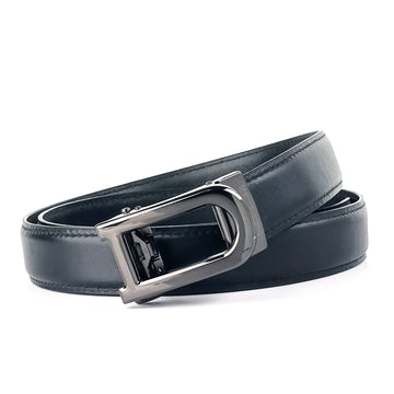 Hemener Men D  Letter Metal Auto Grip Buckle  Black Genuine Leather Belt