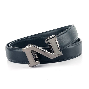 Hemener Men N  Letter Metal Auto Grip Buckle  Black Genuine Leather Belt