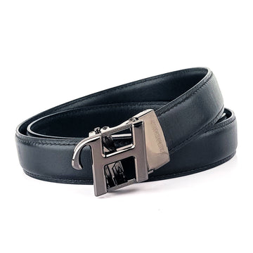 Hemener Men H  Letter Metal Auto Grip Buckle  Black Genuine Leather Belt