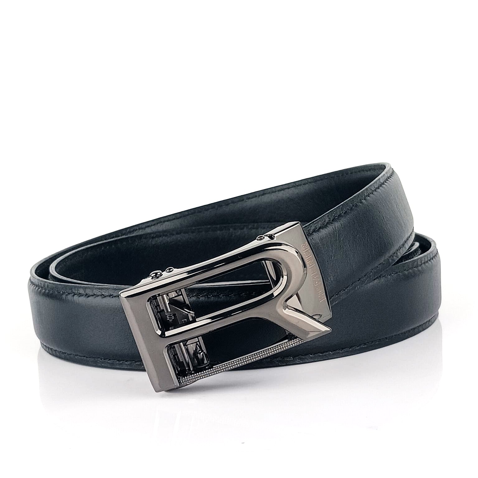 Hemener Men R  Letter Metal Auto Grip Buckle  Black Genuine Leather Belt