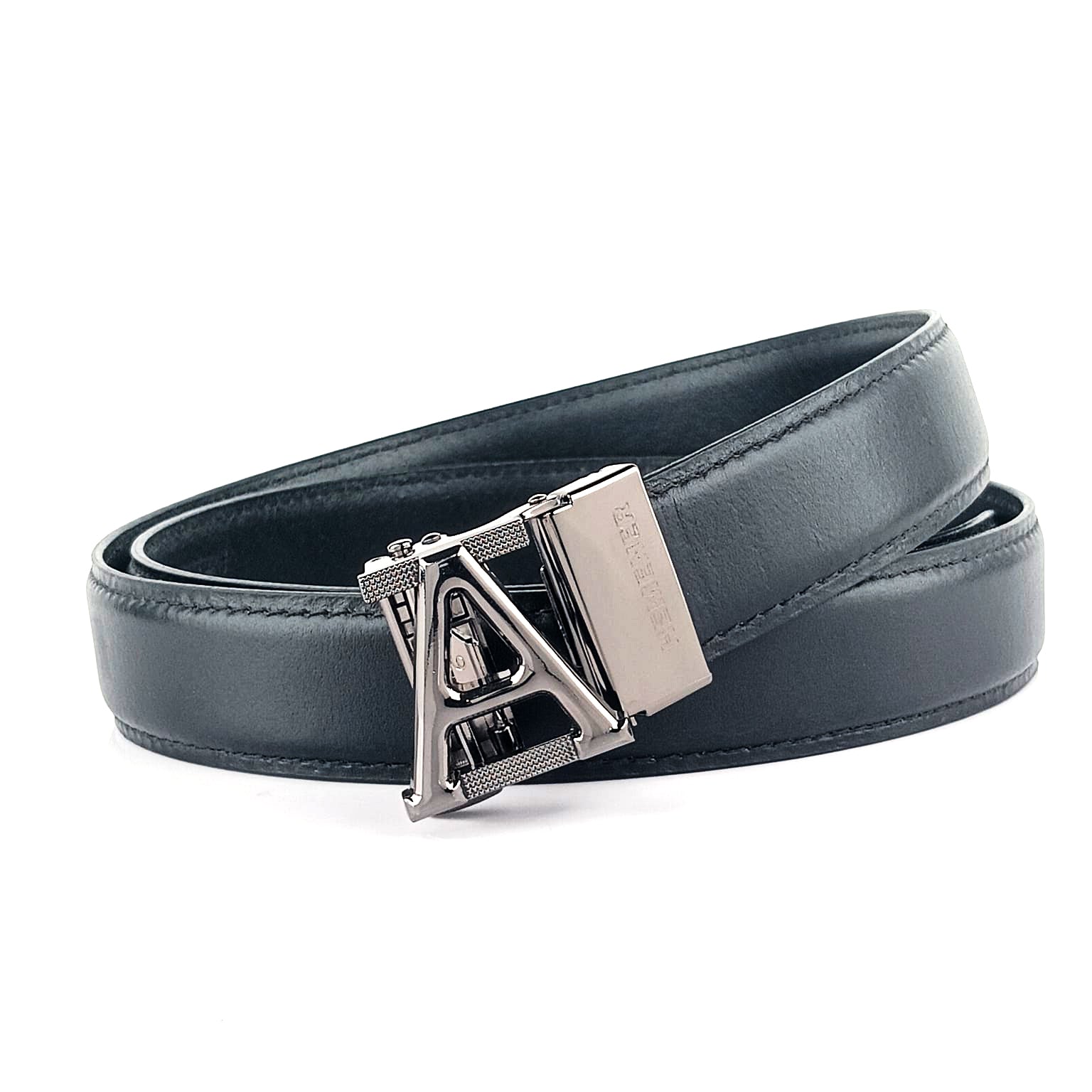 Hemener Men  A  Letter Metal Auto Grip Buckle  Black Genuine Leather Belt