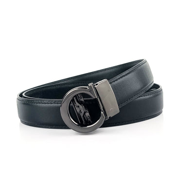 Hemener Men C  Letter Metal Auto Grip Buckle  Black Genuine Leather Belt