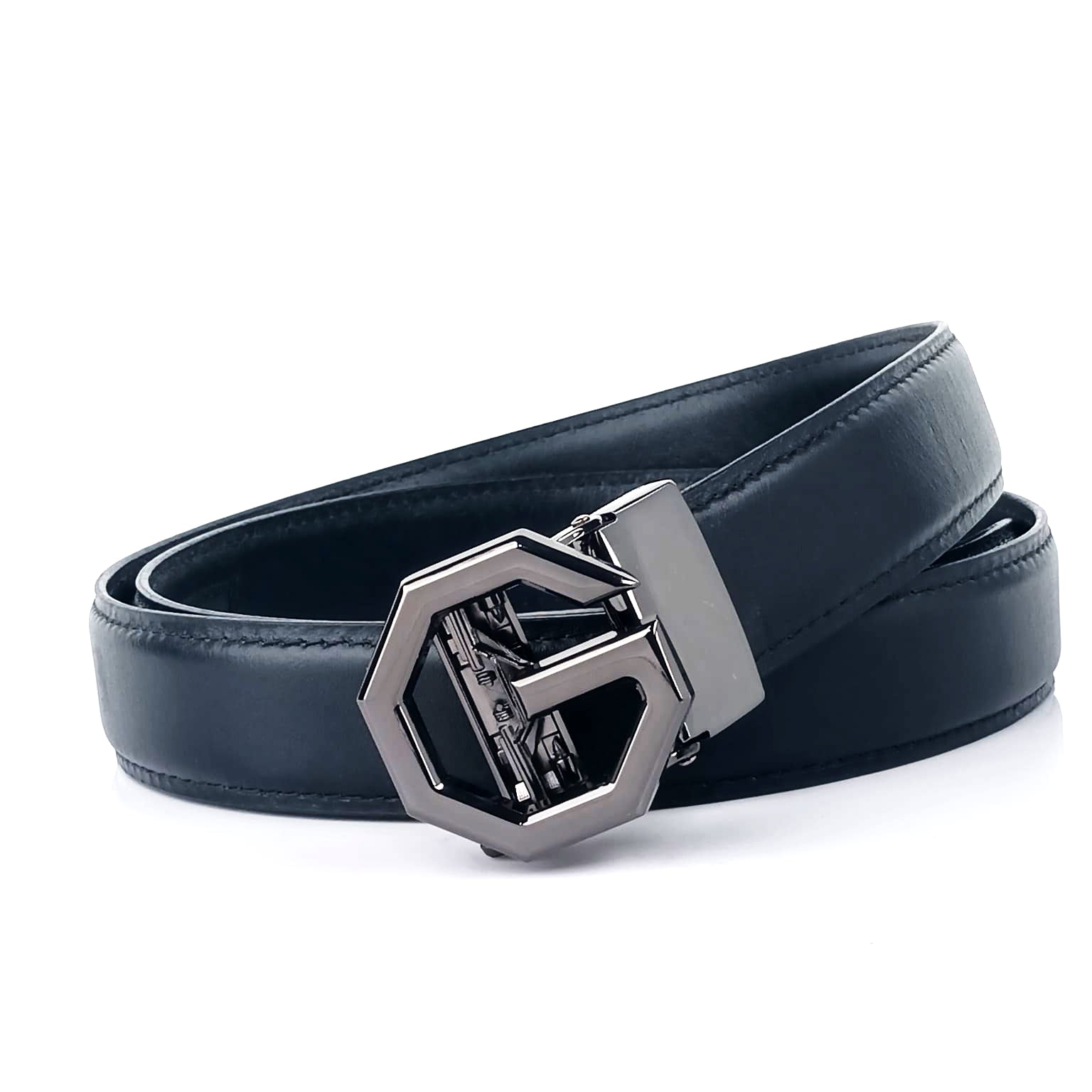 Hemener Men G  Letter Metal Auto Grip Buckle  Black Genuine Leather Belt