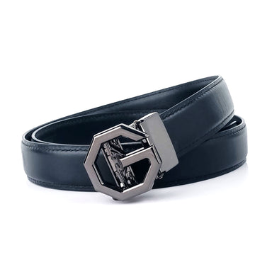 Hemener Men G  Letter Metal Auto Grip Buckle  Black Genuine Leather Belt