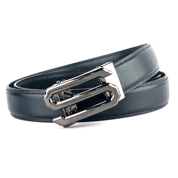 Hemener Men S  Letter Metal Auto Grip Buckle  Black Genuine Leather Belt