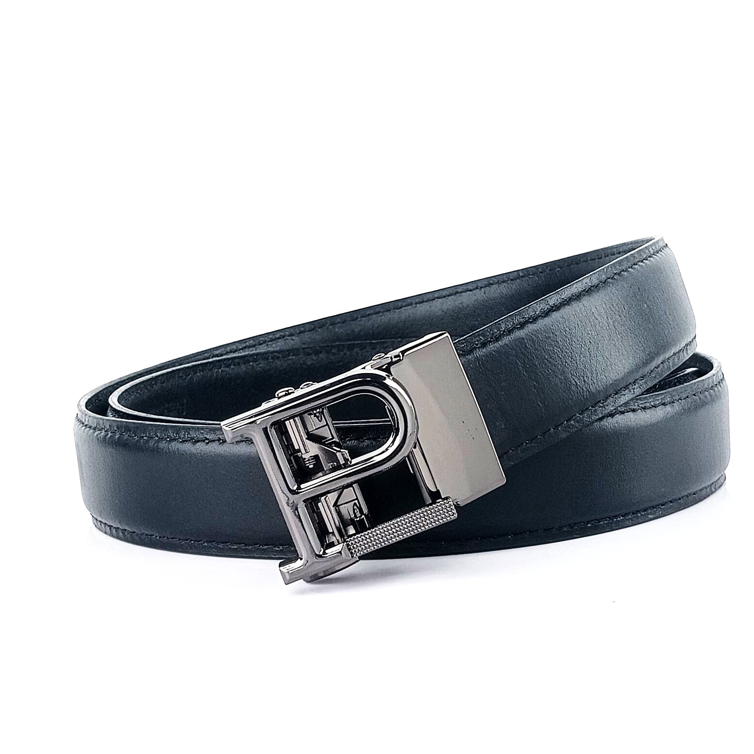 Hemener Men P  Letter Metal Auto Grip Buckle  Black Genuine Leather Belt