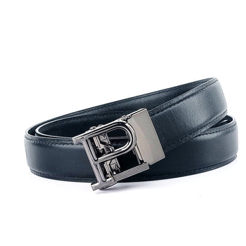 Hemener Men P  Letter Metal Auto Grip Buckle  Black Genuine Leather Belt