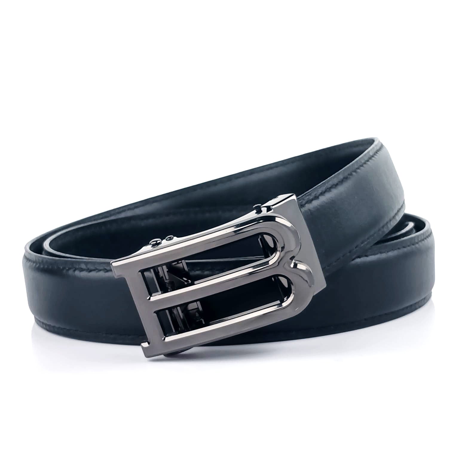 Hemener Men B  Letter Metal Auto Grip Buckle  Black Genuine Leather Belt