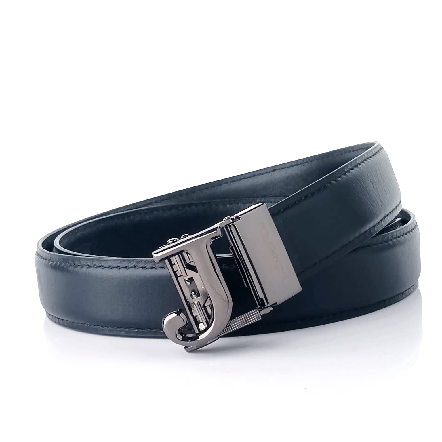 Hemener Men J  Letter Metal Auto Grip Buckle  Black Genuine Leather Belt